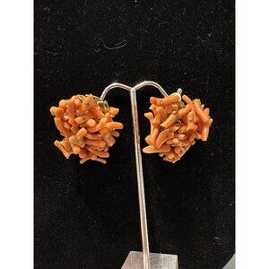 1950s Vintage Sandor Clip On Earrings Coral Branch Bird Nest Statement